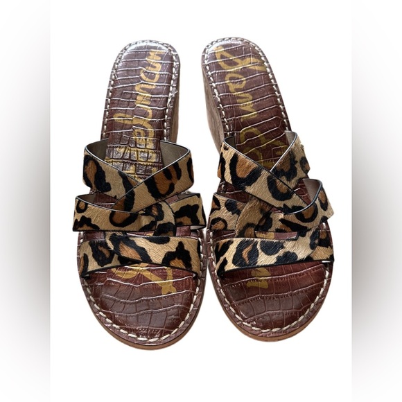 Sam Edelman Leopard Print on Dyed Horse Hair Wedges with Wood Like Detail - Picture 1 of 4